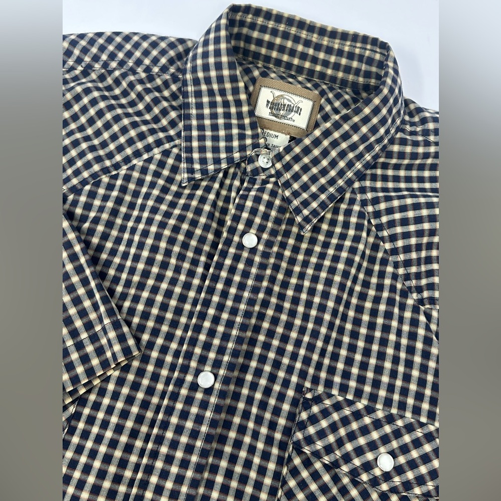 Western Plains Trading Co. Mens Sz M Cowboy Shirt Pearl Snap Navy Tan Plaid P6